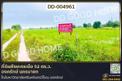 ที่ดินศีรษะกระบือ 52 ตร.ว. องครักษ์ นครนายก ใกล้มหาวิทยาลัยศรีนครินทรวิโรฒ องครักษ์.
