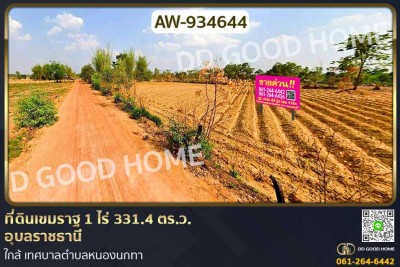 ที่ดินเขมราฐ 1 ไร่ 331.4 ตร.ว. อุบลราชธานี ใกล้ เทศบาลตำบลหนองนกทา.